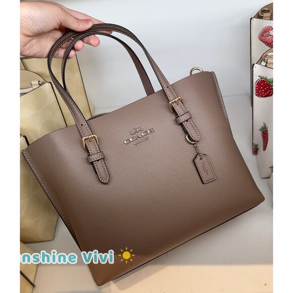 NWT Coach Mollie Tote 25 crossbody strap Pebble Leather CV966 Gold/Dark Stone - Picture 1 of 10